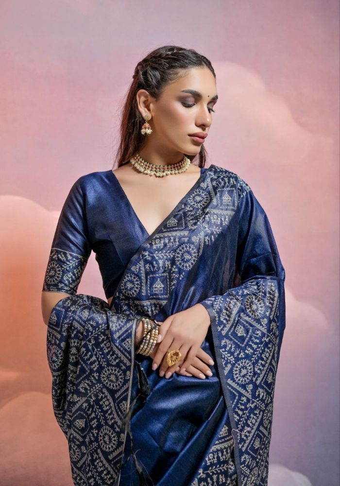 Traditional Ruyal Blue Silk Saree with Golden Zari Work