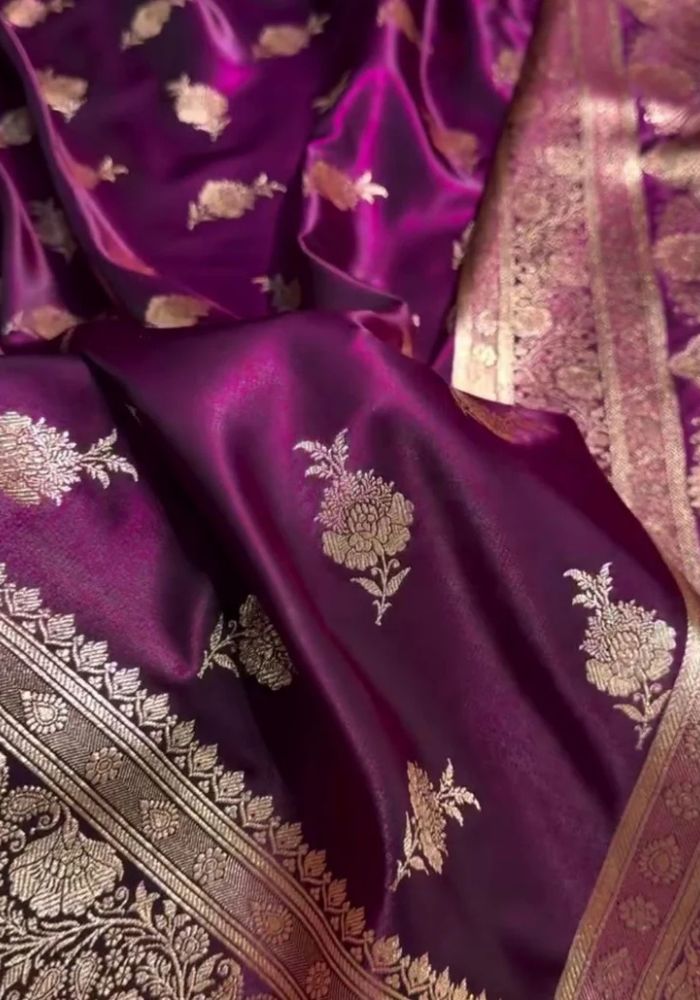 Wine Banarasi Satin Silk Saree with Golden Zari Floral & Temple Border