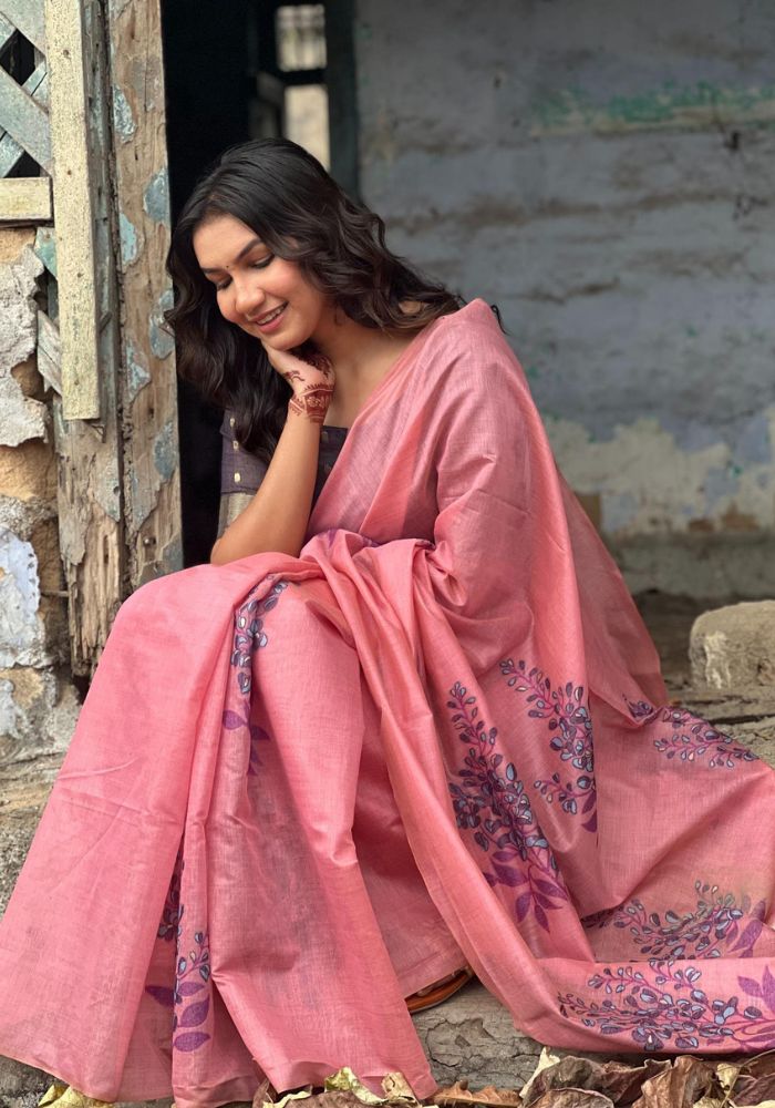 Elegant Floral Printed Pink Saree with Designer Pallu and Tassels