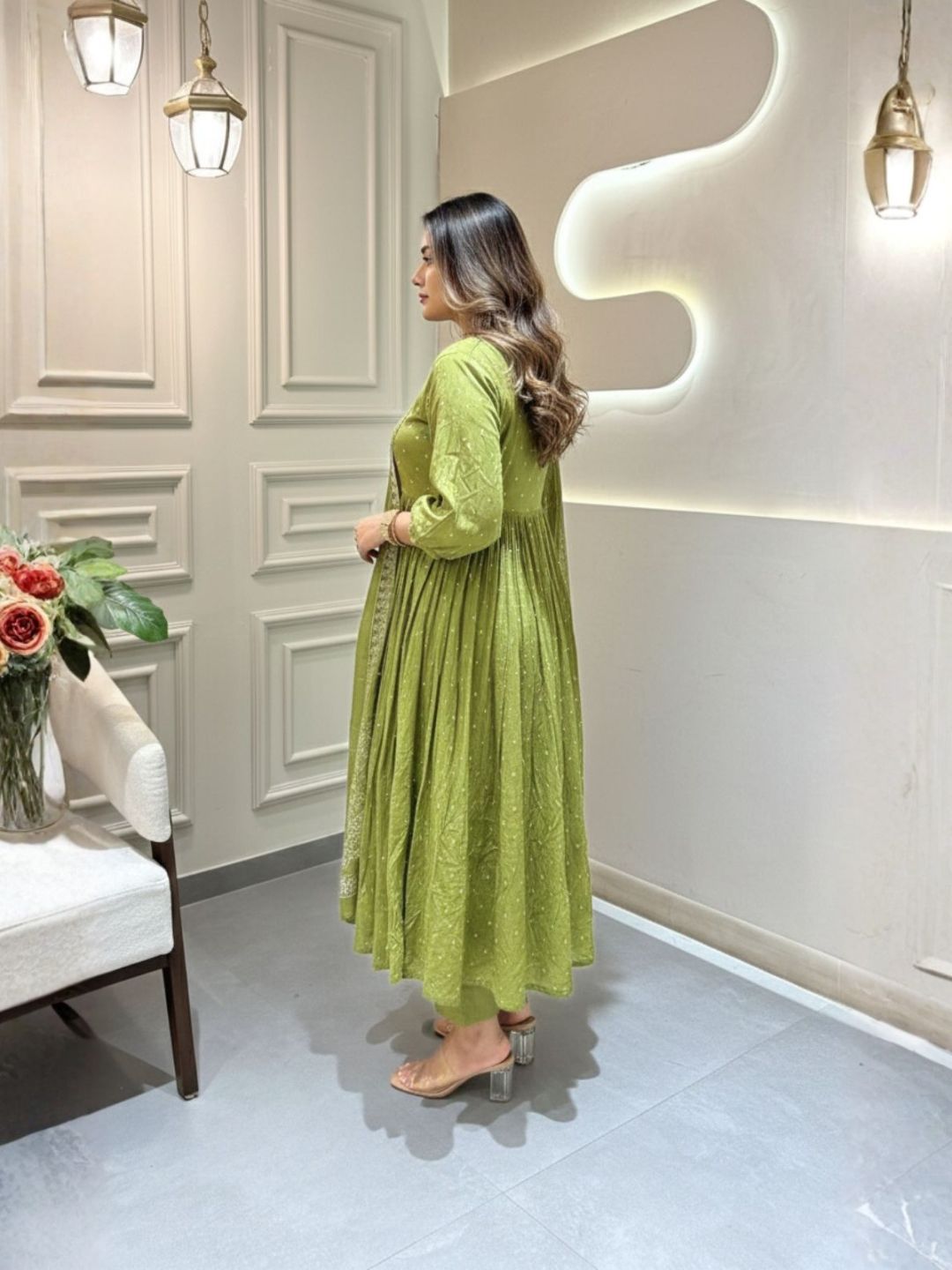 Olive Green Embroidered Cotton Anarkali Kurta Set with Dupatta