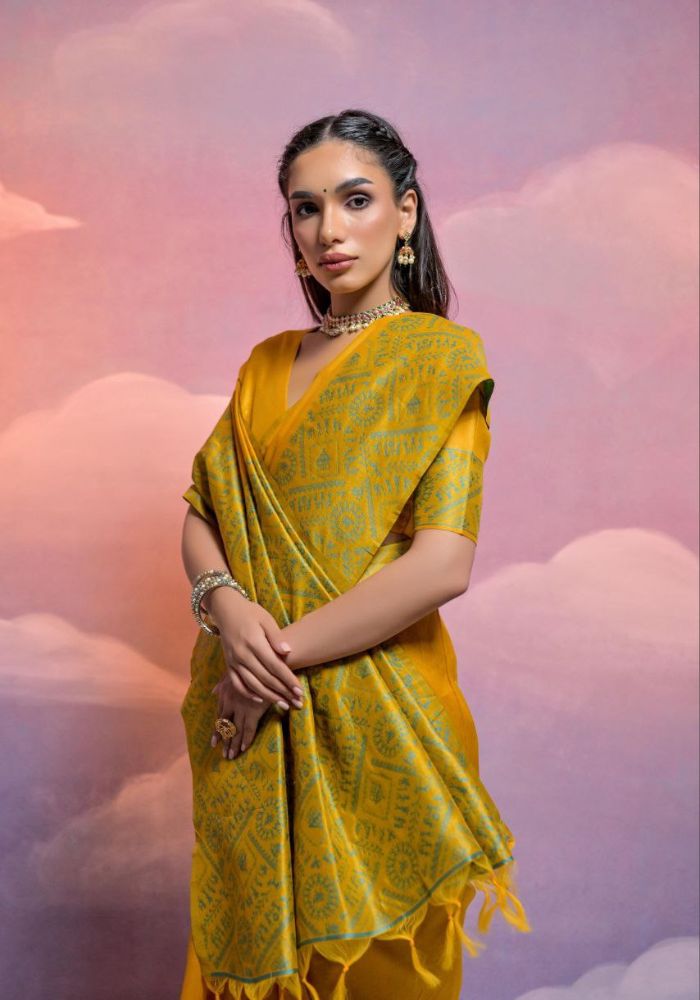 Traditional Mustard Silk Saree with Golden Zari Work