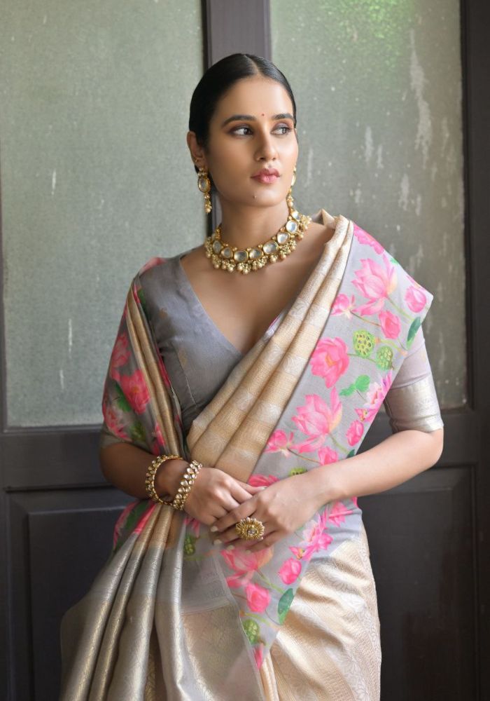 Ethereal Gray Silk Saree with Floral Border