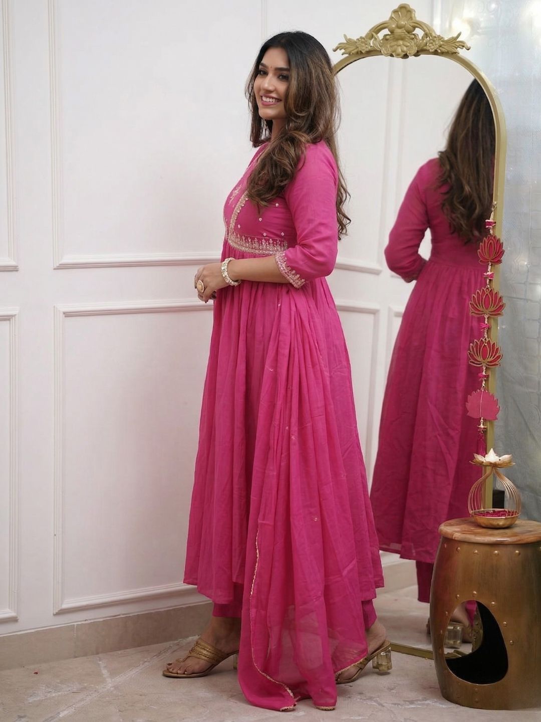 Rani Pink Embroidered Muslin Cotton Anarkali Kurta Set with Chanderi Cotton Dupatta