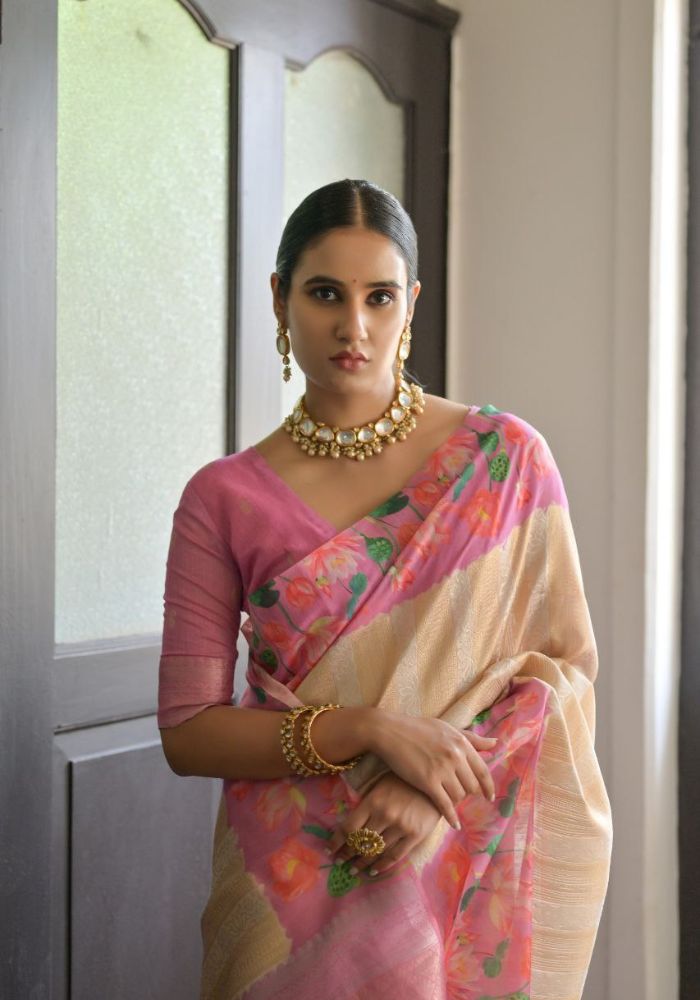 Ethereal Pink Silk Saree with Floral Border
