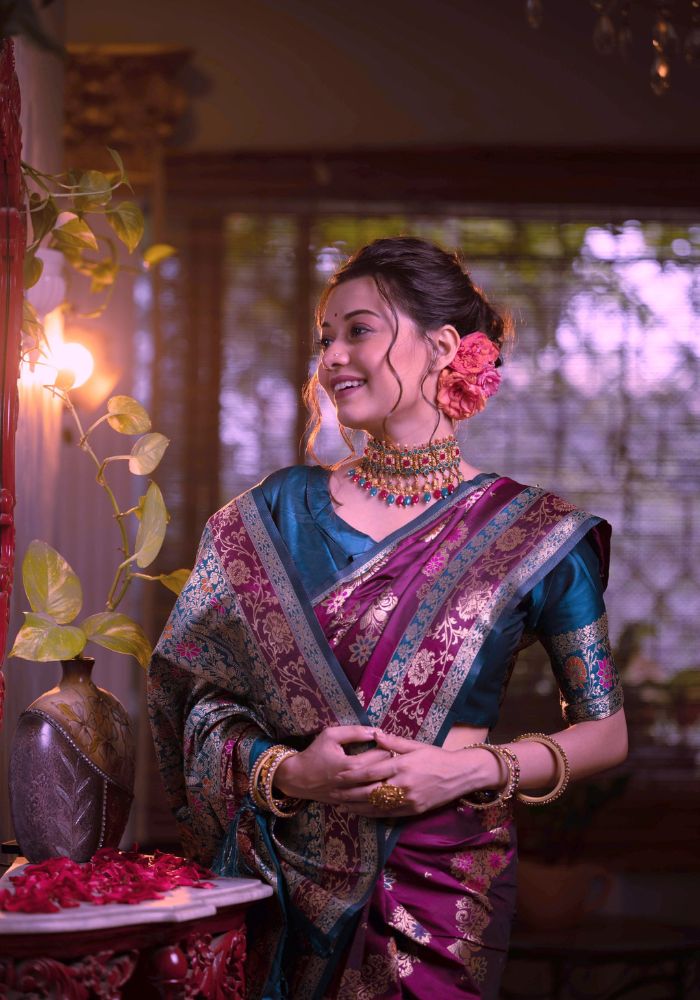 Purple Banarasi Silk Saree with Intricate Zari Weaving