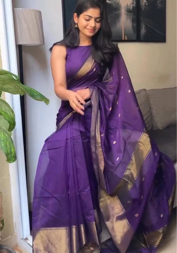 Graceful Purple Banarasi Satin Silk Saree with Golden Zari Woven Motifs & Rich Border