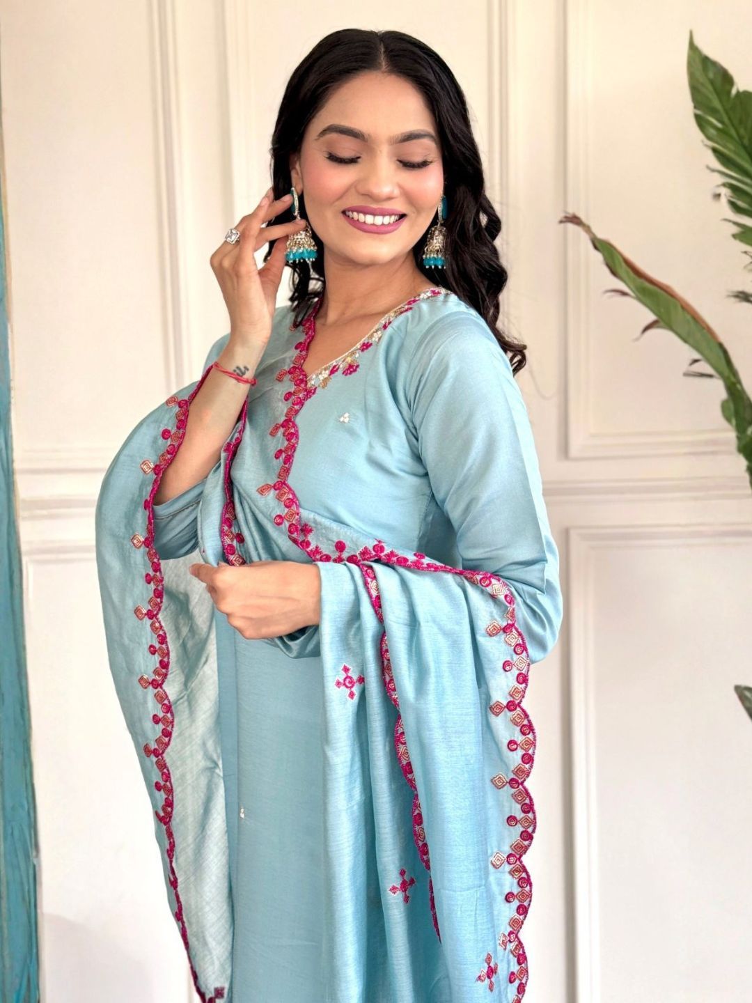 Women Sky Blue Viscose Chanderi Embroidered Kurta Pant Set with Dupatta