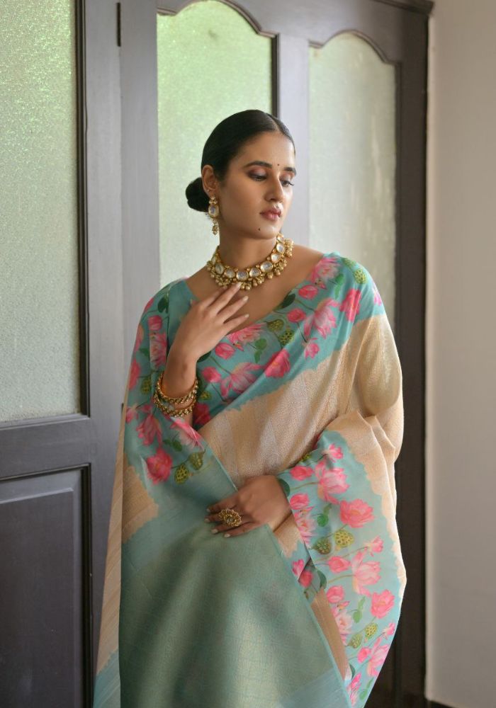 Ethereal Sky Silk Saree with Floral Border