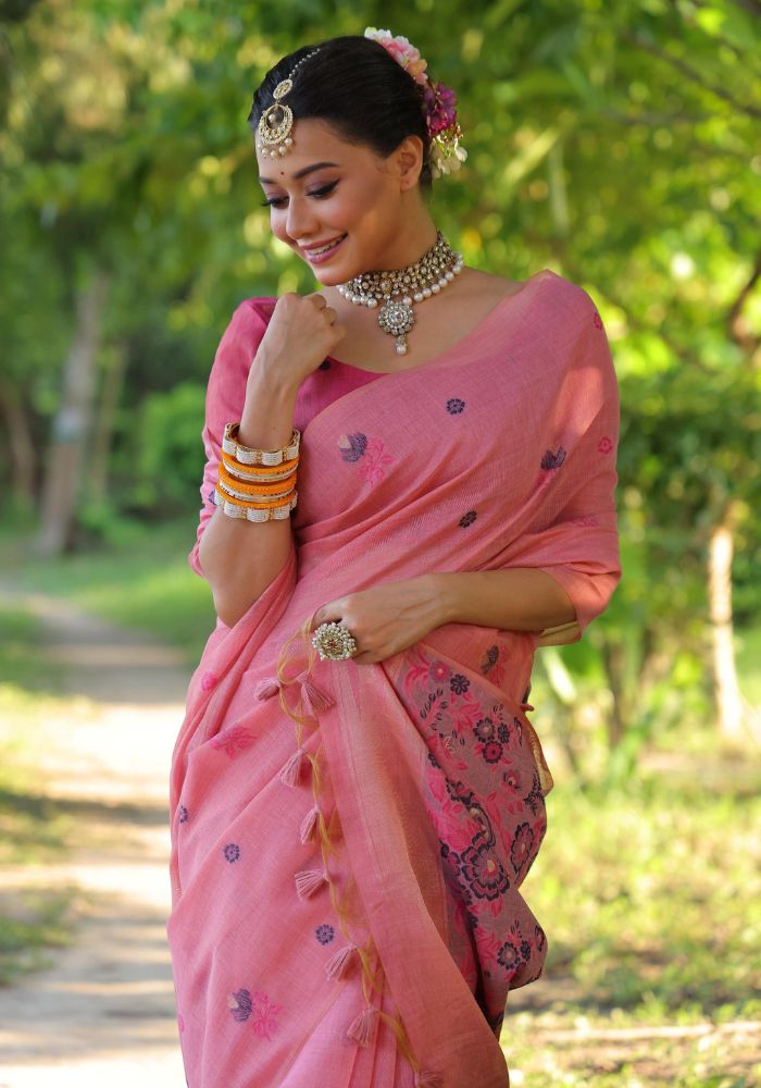 Graceful Soft Muga Pink Cotton Saree with Resham Floral Weaving & Tassels