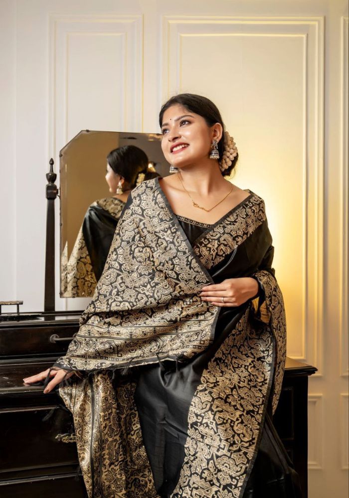  Black Handloom Raw Silk Saree