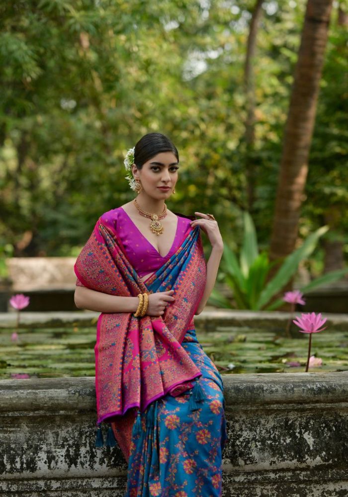 Luxury Woven Pashmina Silk Blue Saree with All-Over Floral Design & Contrast Pallu