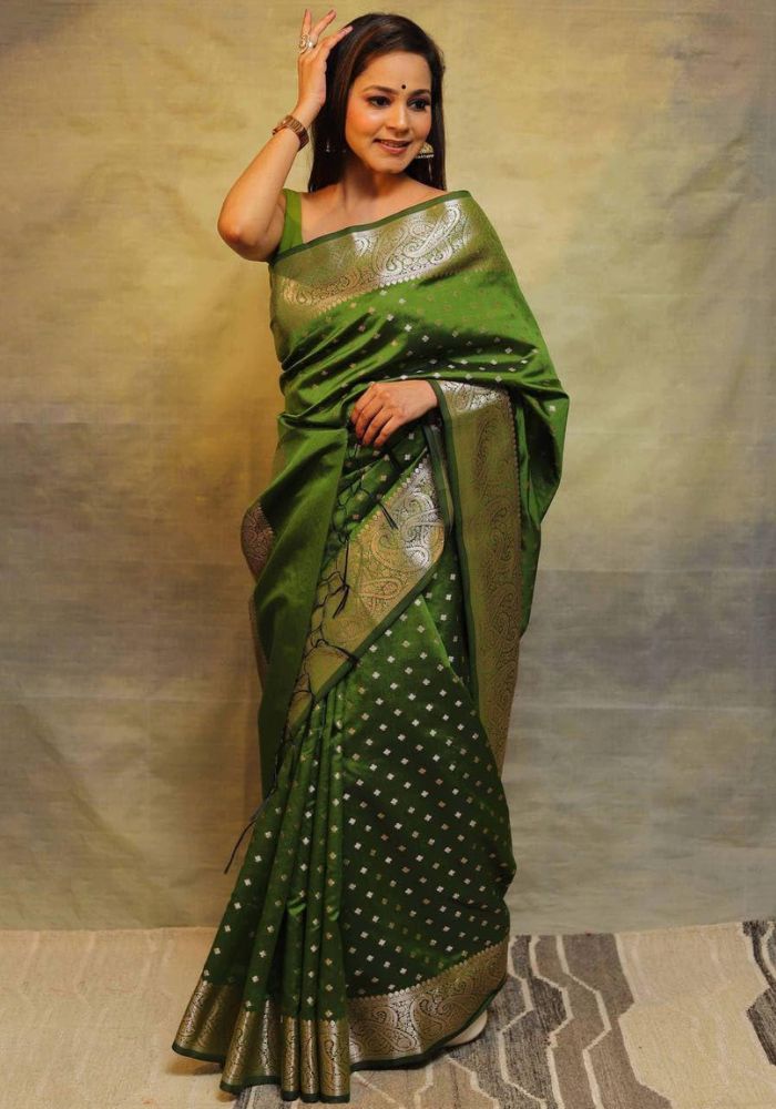 Classic Green Lichi Silk Saree with Golden Zari Border