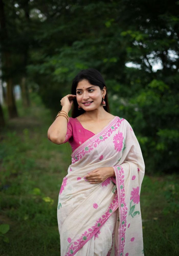 Soft Cotton Saree with Pink Floral Weaving & Tassels