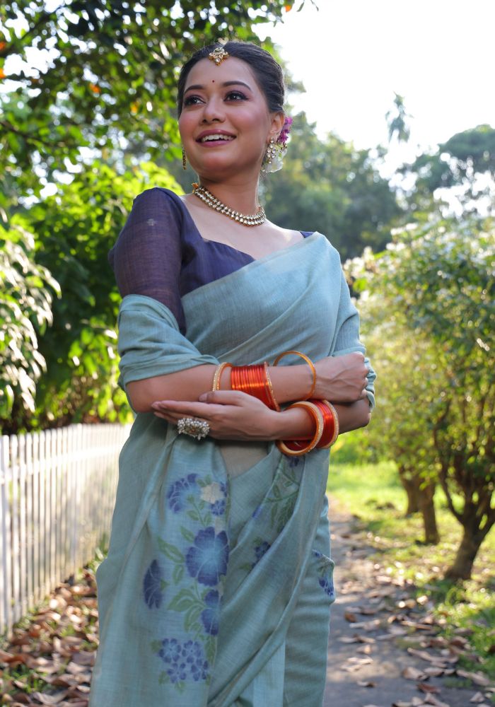 Elegant Sky Cotton Saree with Delicate Floral Print