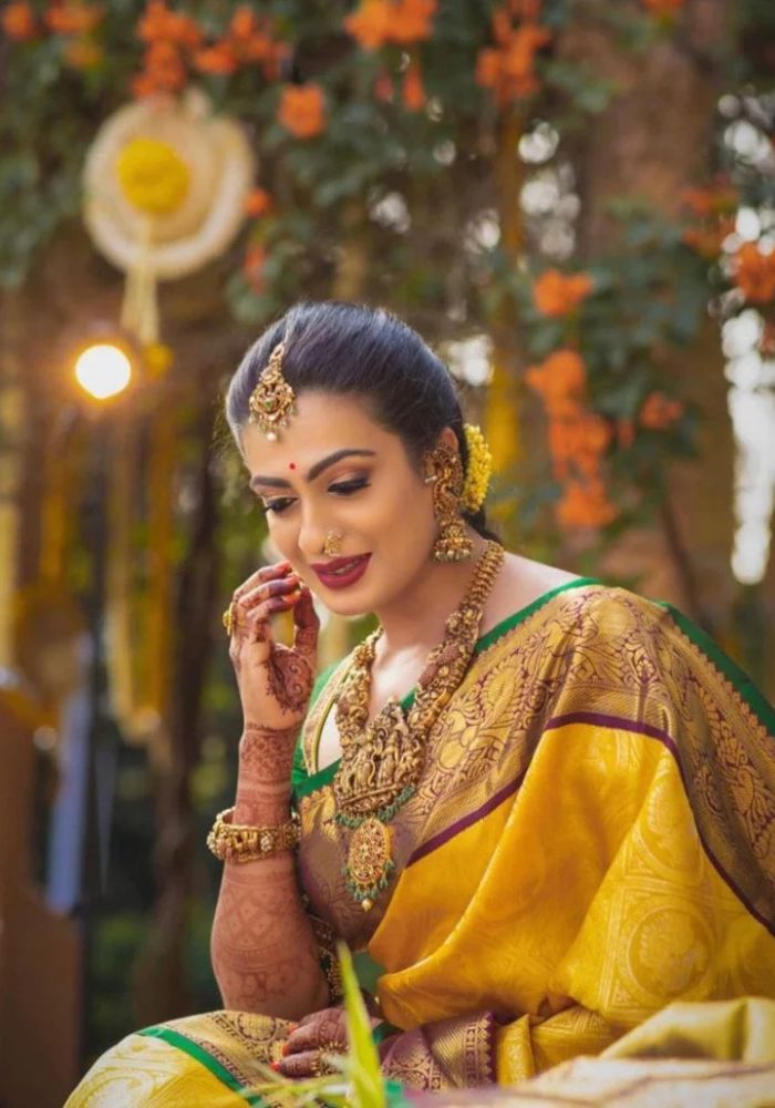 Mustard Yellow Banarasi Satin Silk Saree with Golden Zari & Brown Border