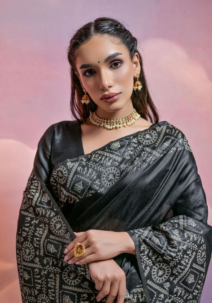 Traditional Black Silk Saree with Golden Zari Work