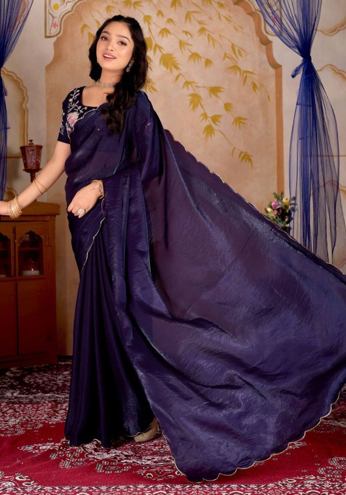 Navy Blue Fendy Sartin Silk Saree with Blouse