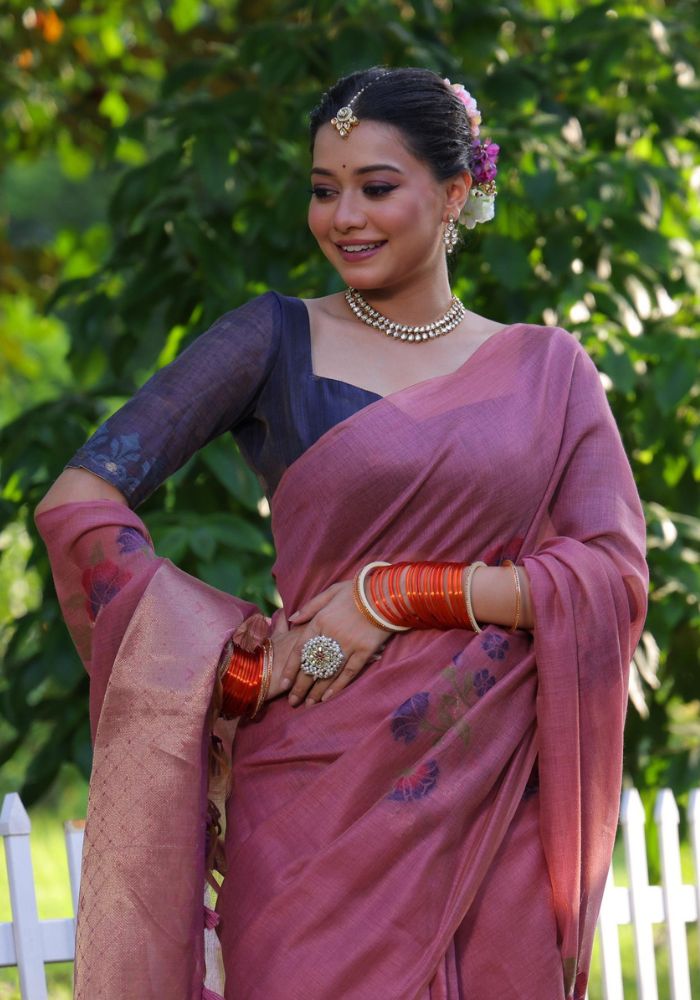 Elegant Pink Cotton Saree with Delicate Floral Print