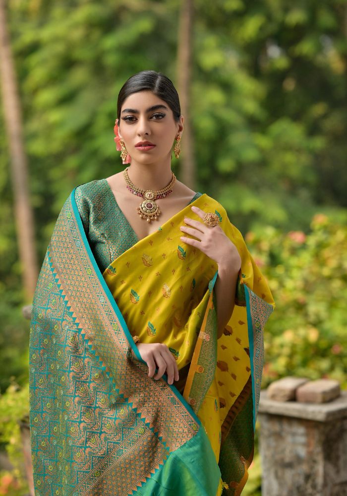Traditional Banarasi Silk Saree in Yellow with Floral Weaving