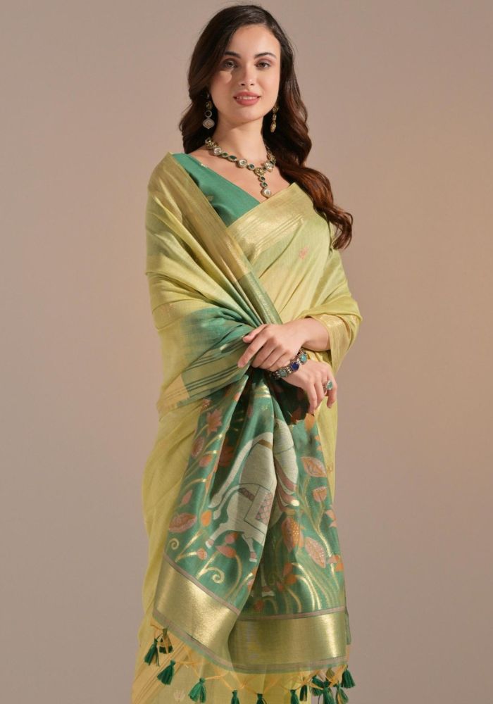 Festive Pista Sari with Embroidered Buttis and Bold Border