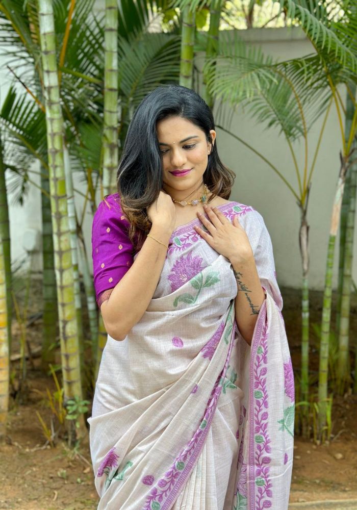 Soft Cotton Saree with Purple Floral Weaving & Tassels