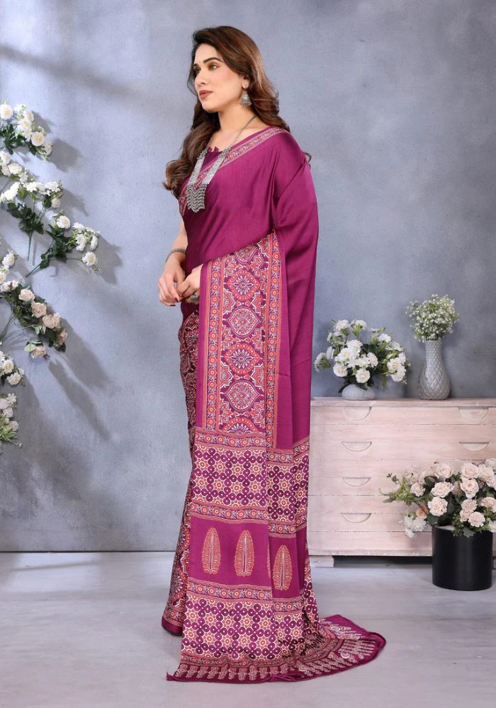 Wine Banarasi Satin Silk Saree with Golden Zari Woven Border