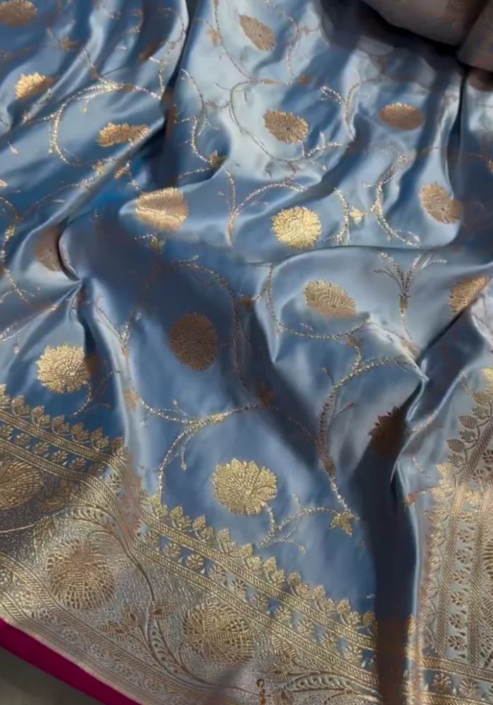 Blue Semi Katan Silk Banarasi Saree with Golden Zari Buta & Heavy Border