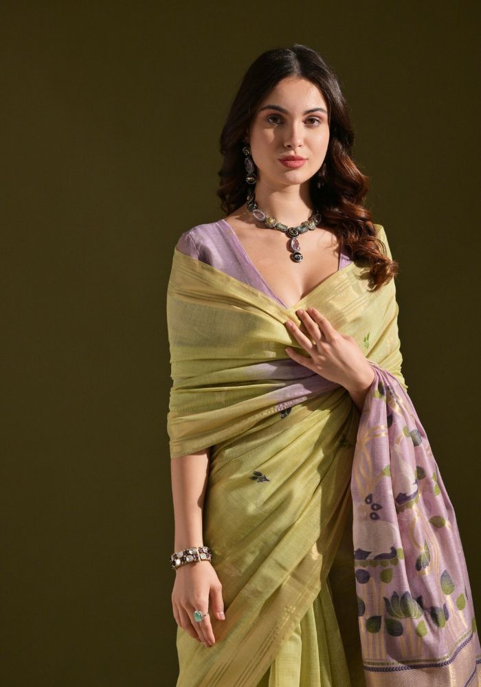 Designer Cotton Leamon Yellow Saree with Lotus Print