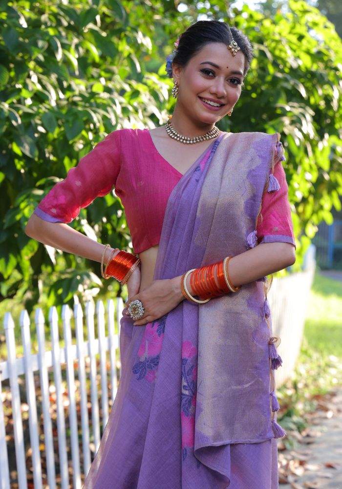 Elegant Purple Cotton Saree with Delicate Floral Print