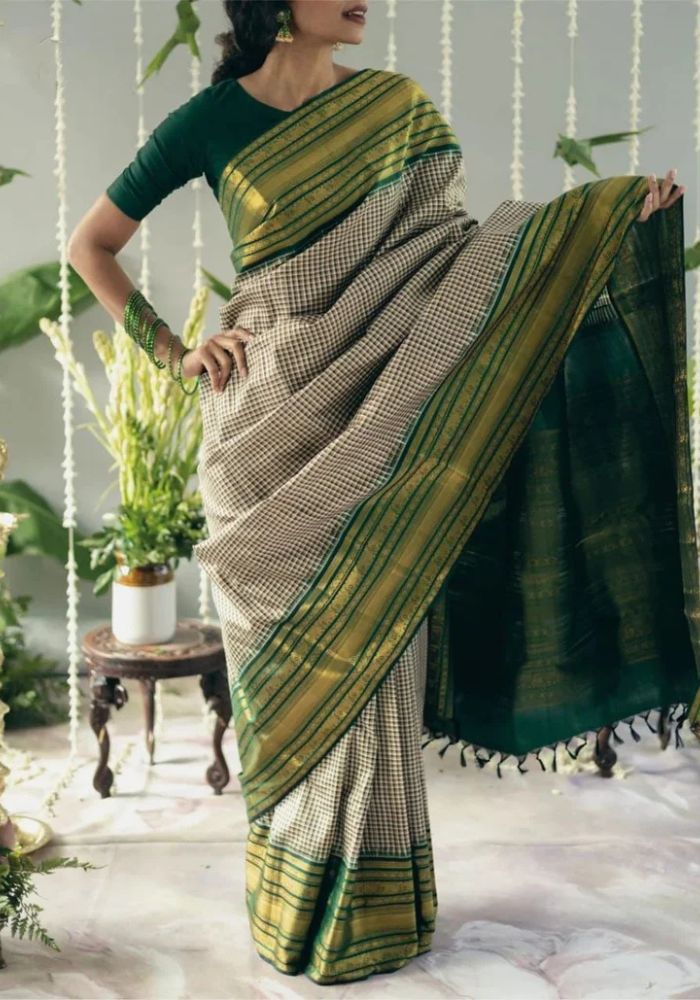 Classic Dark Green Banarasi Satin Silk Saree with Golden Zari Woven Border