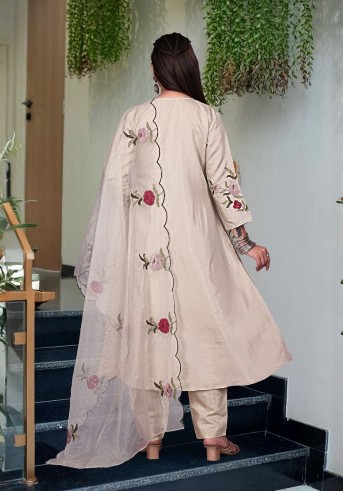 Beige Gulnaar Bloom Embroidered Chanderi Silk Kurta Set with Organza Dupatta