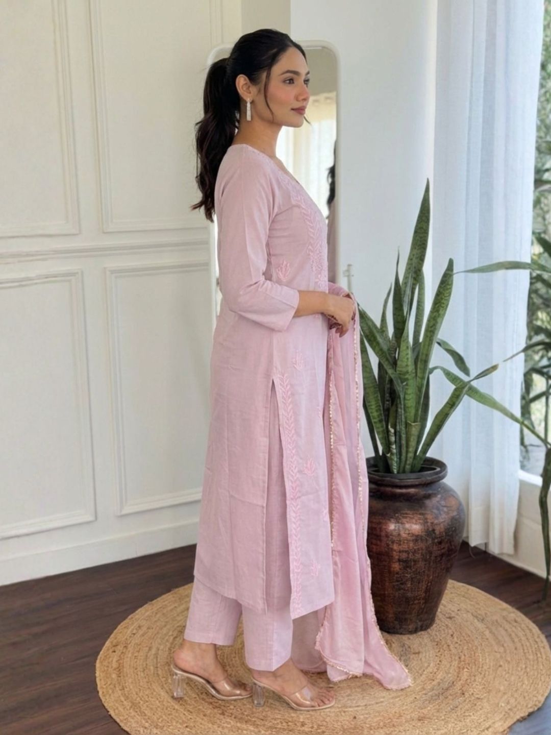 Women Baby Pink Pure Cotton Embroidered Kurta Pant Set with Matching Dupatta
