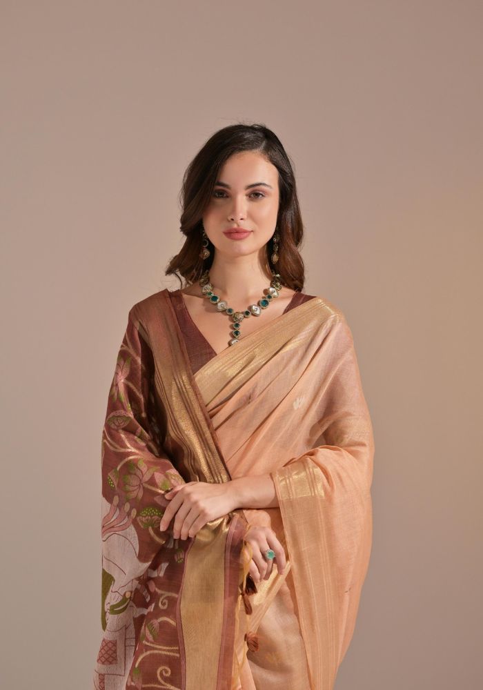 Festive Peach Sari with Embroidered Buttis and Bold Border