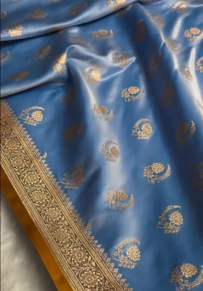Sky Blue Katan Silk Saree with Golden Zari Weaving and Mustard Border