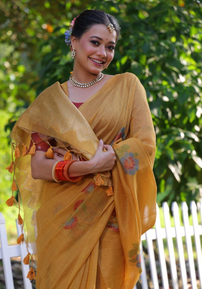 Elegant Mustard Cotton Saree with Delicate Floral Print