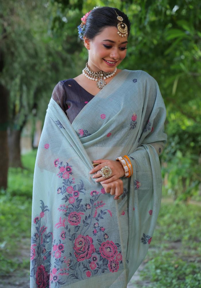 Graceful Soft Muga Sky Cotton Saree with Resham Floral Weaving & Tassels