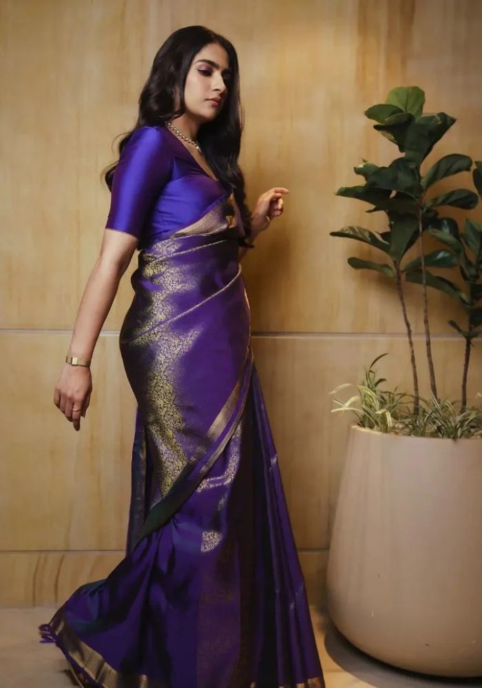 Royal Purple Banarasi Satin Silk Saree with Rich Golden Zari Woven Border