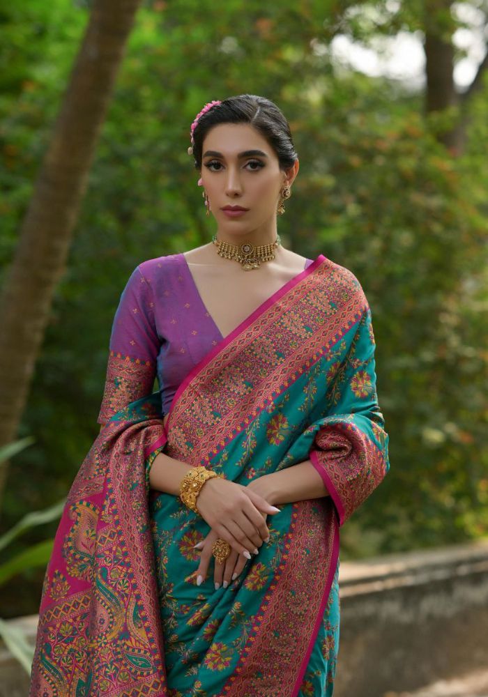 Luxury Woven Pashmina Silk Sky Saree with All-Over Floral Design & Contrast Pallu