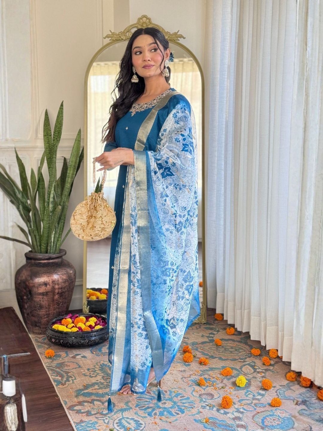 Elegant Roman Silk Kurta Set with Woven Dupatta for Women
