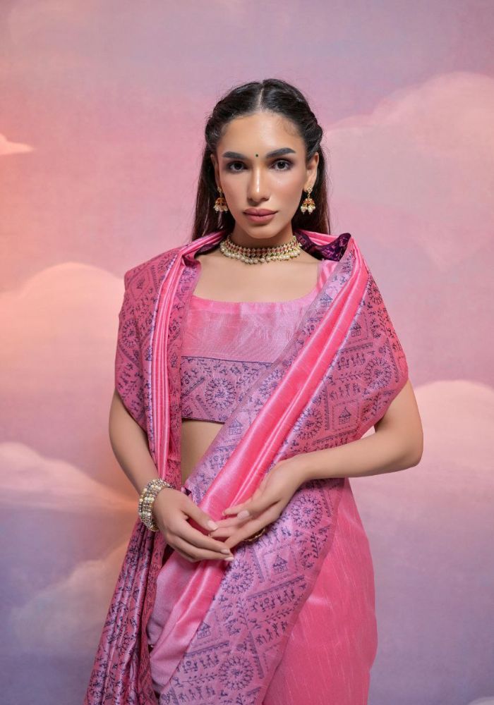 Traditional Rose Pink Silk Saree with Golden Zari Work