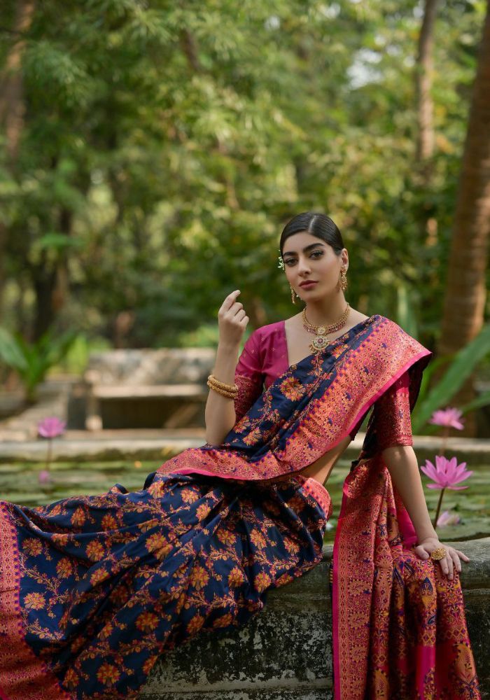 Luxury Woven Pashmina Silk Royal Blue Saree with All-Over Floral Design & Contrast Pallu