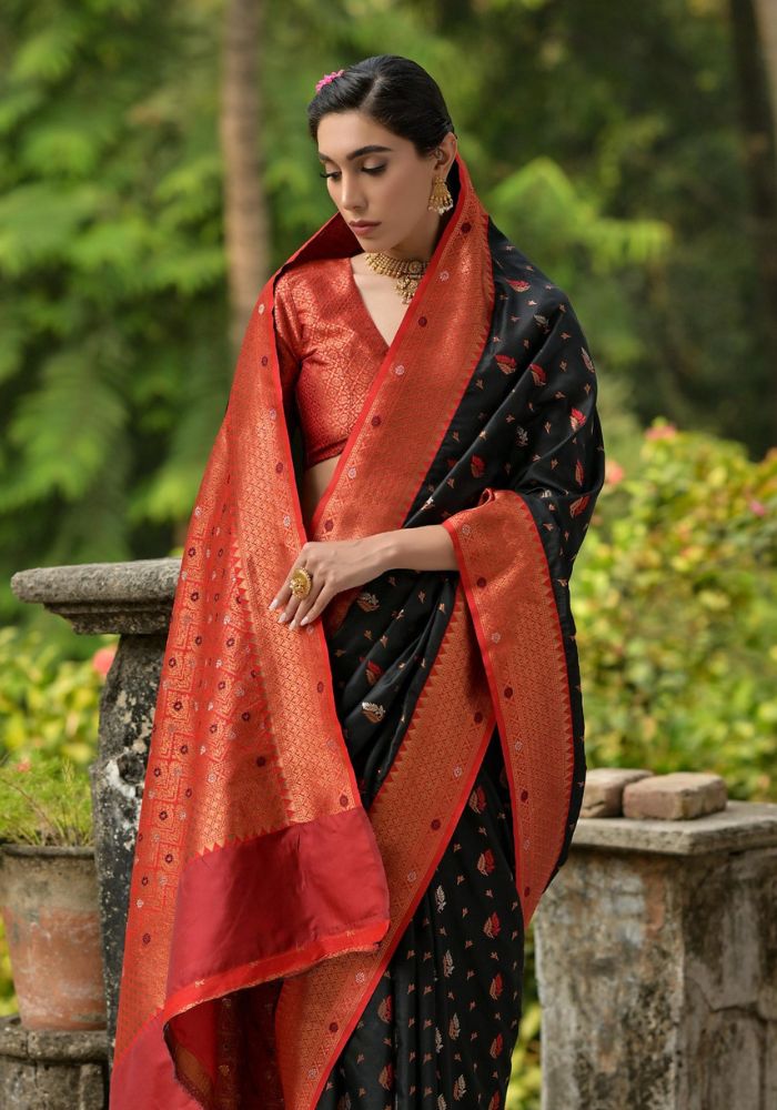 Traditional Banarasi Silk Saree in Black with Floral Weaving
