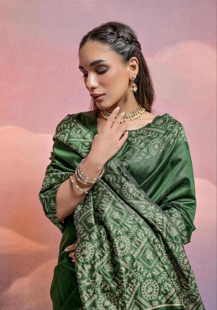 Traditional Forest Green Silk Saree with Golden Zari Work