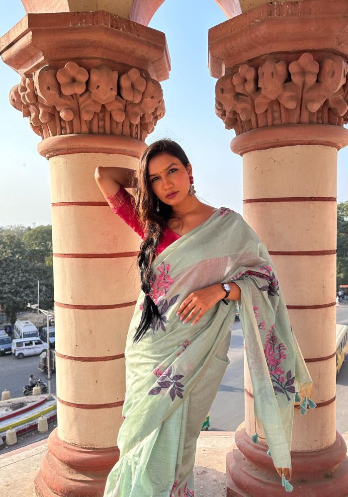 Elegant Floral Printed Mint Green Saree with Designer Pallu and Tassels