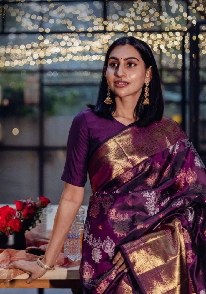 Elegant Wine Banarasi Satin Silk Saree with Golden Zari Woven Border