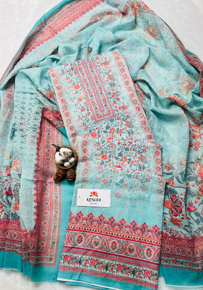 Gulbahar Teal Bloom Unstitched Ethnic Dress Material