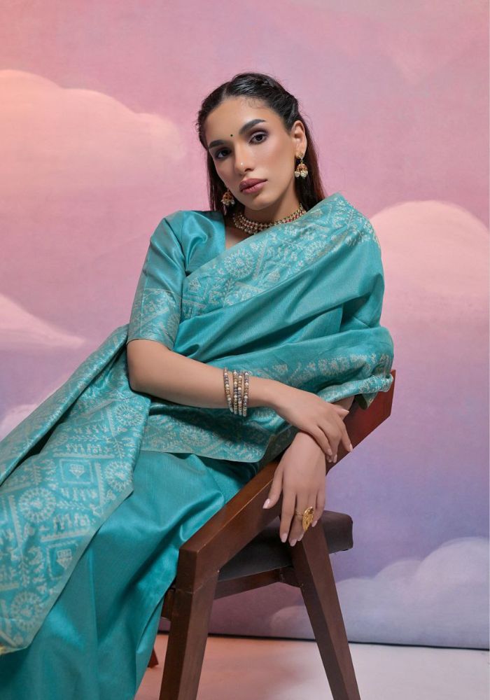 Traditional Sky Silk Saree with Golden Zari Work