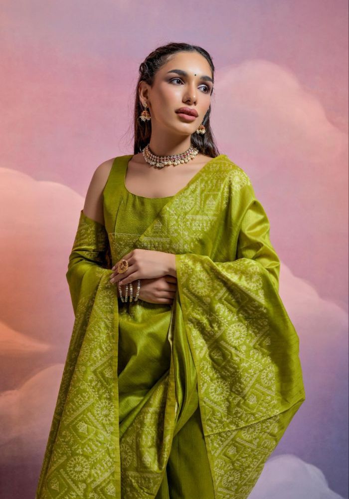 Traditional Olive Green Silk Saree with Golden Zari Work