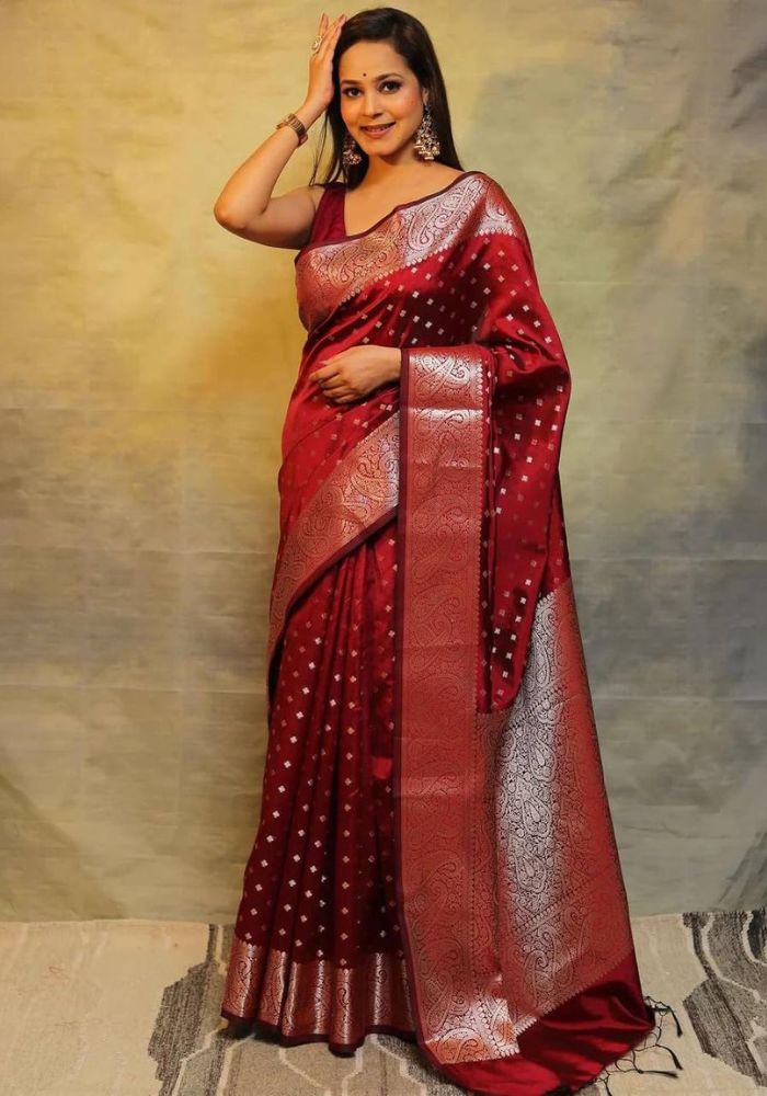 Maroon Red Lichi Silk Saree with Silver Zari Border