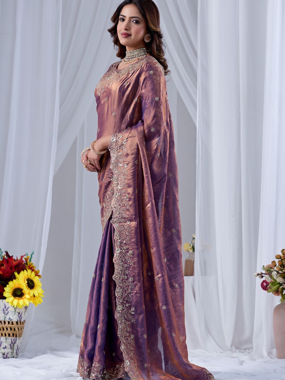 Dusty mauve embroidered silk saree with designer blouse